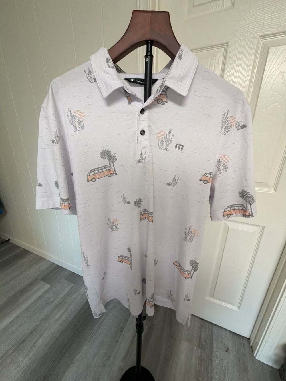 TravisMathew Men's Size L White Van and Cactus Print Performance Polo Shirt